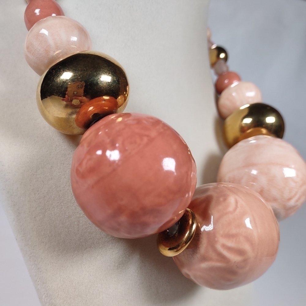 Vintage Glazed Ceramic Beaded Graduated Statement Choker 17 1/2" - Picture 5 of 11